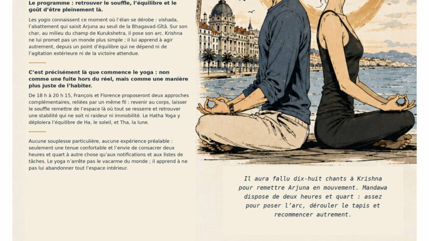 Affiche de la séance découverte de yoga du 4 septembre 2026 à l'association Mandawa, Nice