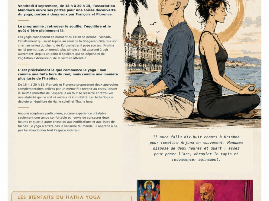 Affiche de la séance découverte de yoga du 4 septembre 2026 à l'association Mandawa, Nice