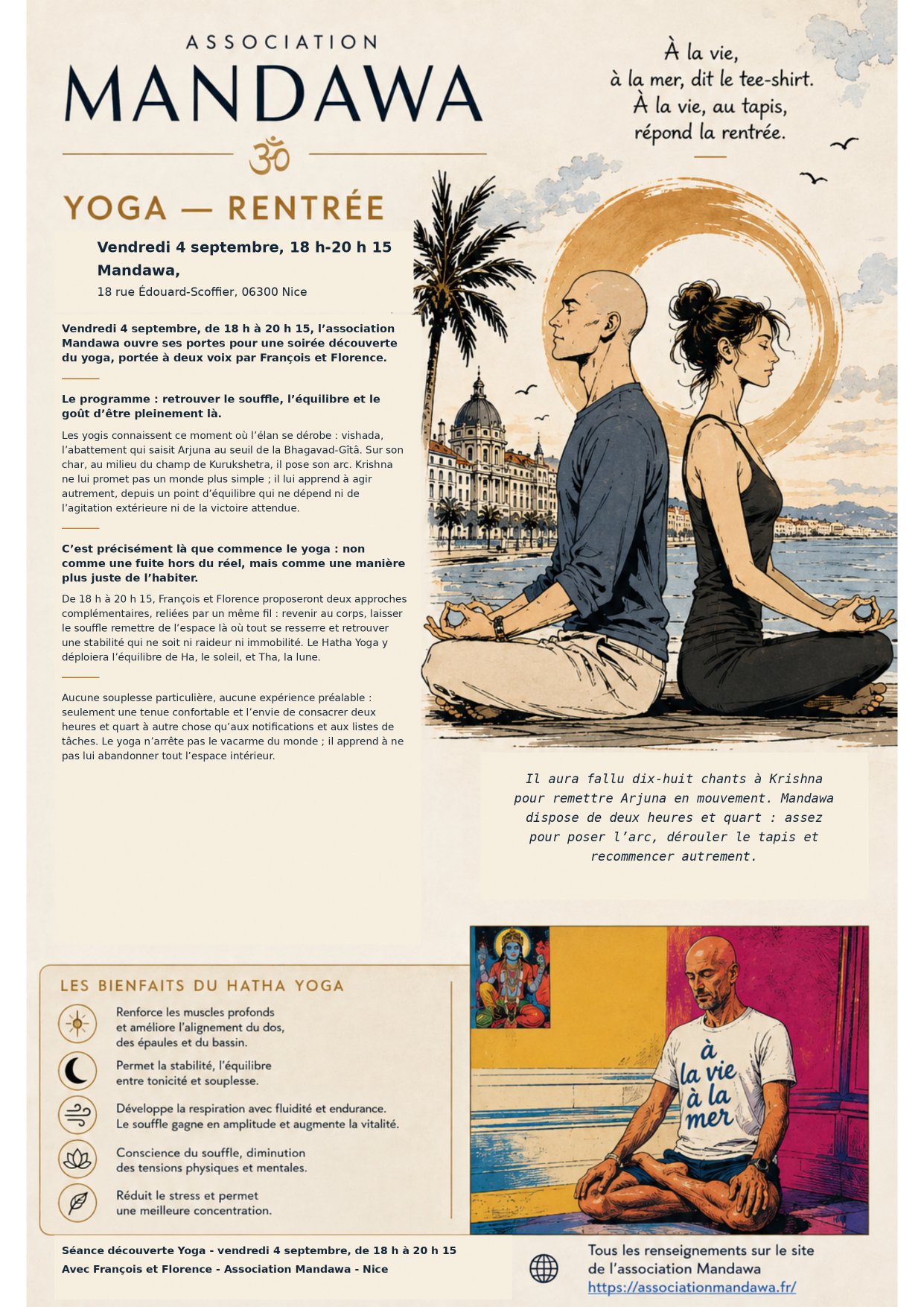 Affiche de la séance découverte de yoga du 4 septembre 2026 à l'association Mandawa, Nice