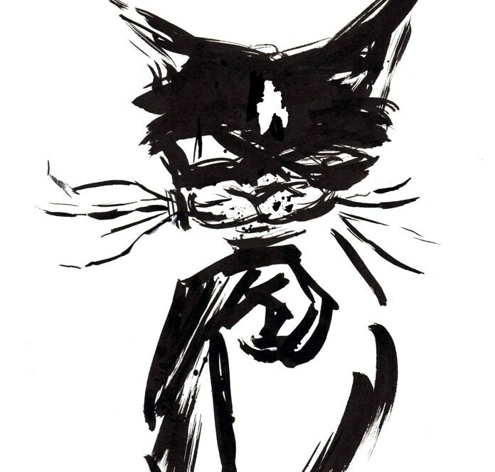 Dessin à l’encre d’un chat borgne, figure du Cyclope, signé Esprit libre