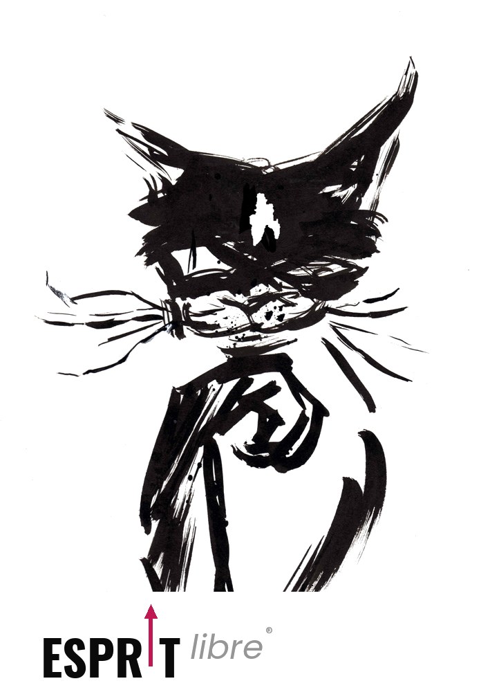 Dessin à l’encre d’un chat borgne, figure du Cyclope, signé Esprit libre